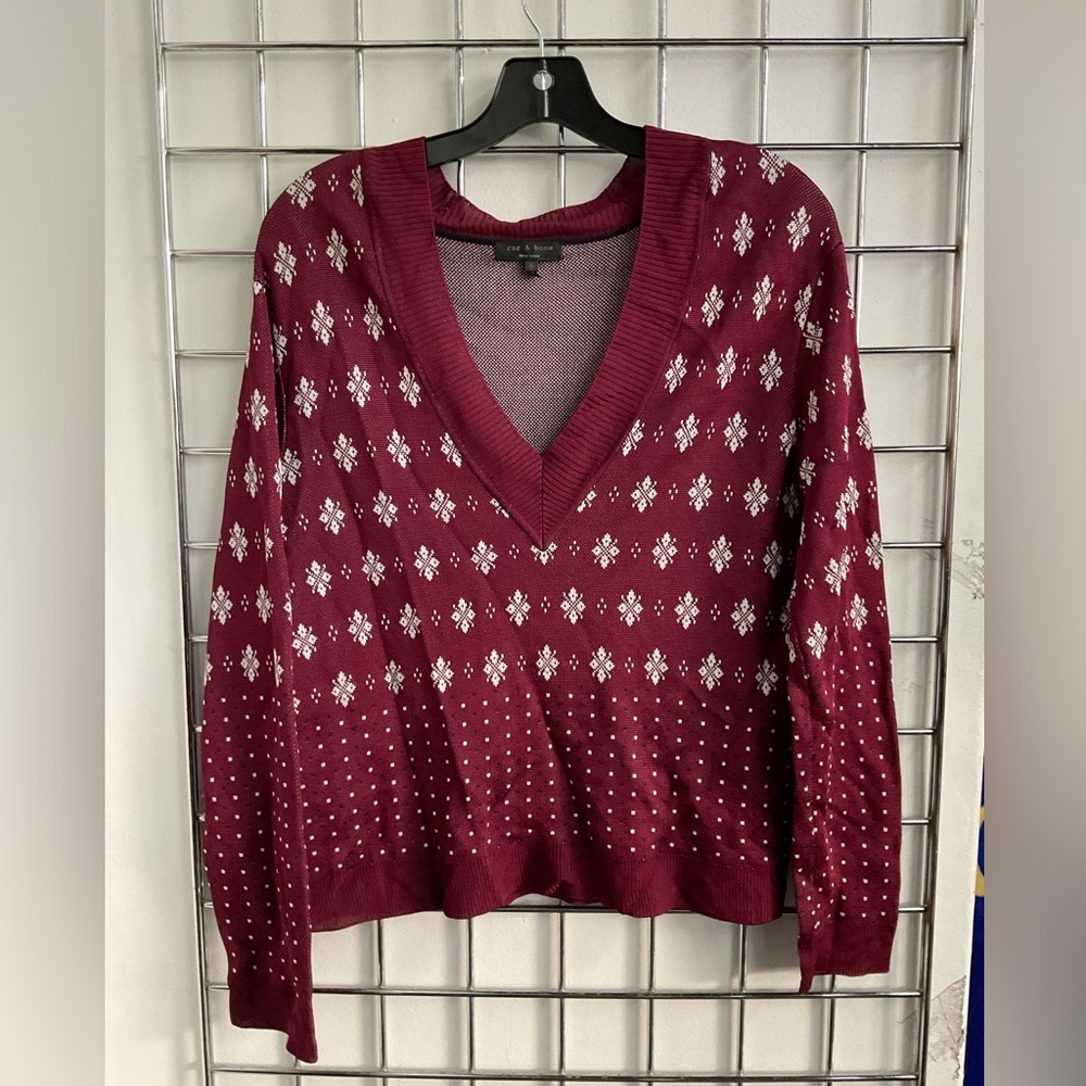 rag & bone long sleeve V neck floral sweater burgundy red size medium
